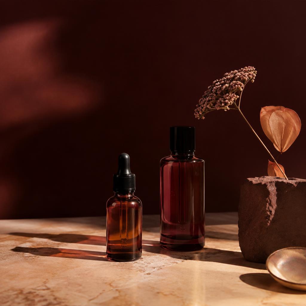 Produtos de skincare em uma composição elegante em tons terrosos