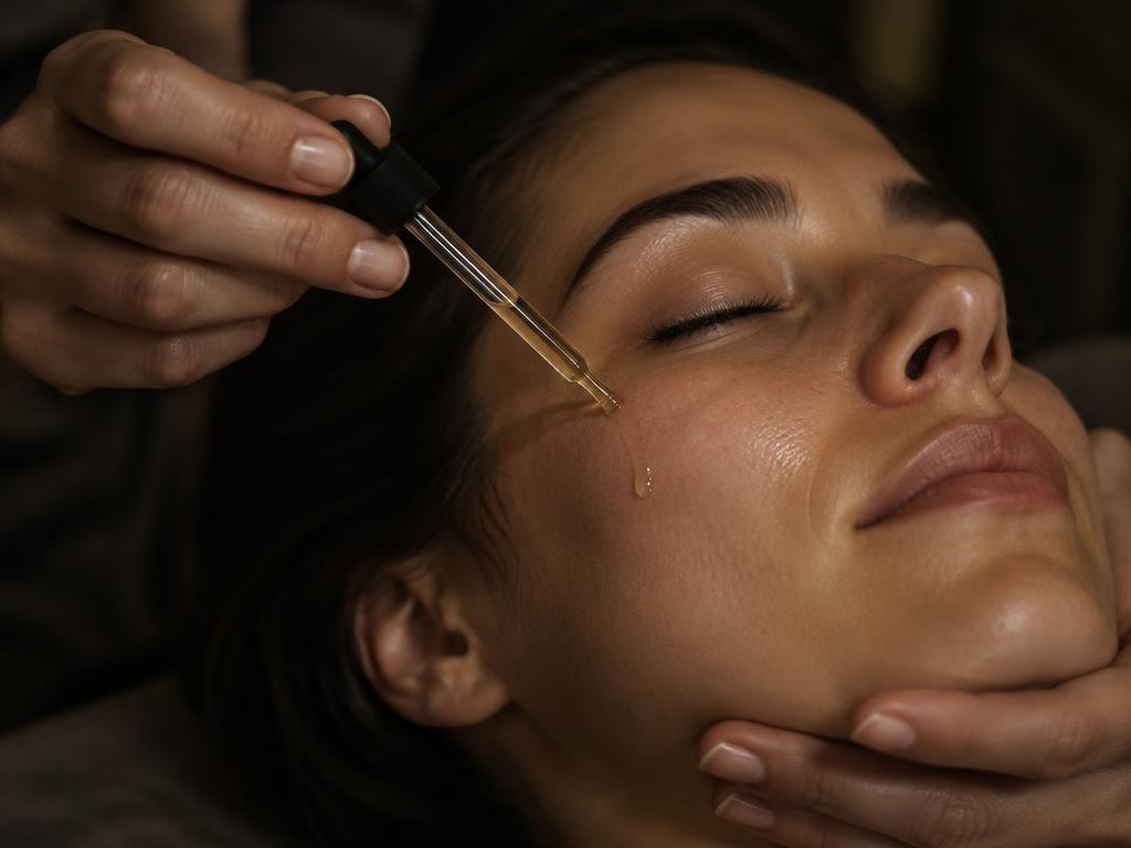 Aplicação cuidadosa de sérum em um protocolo facial